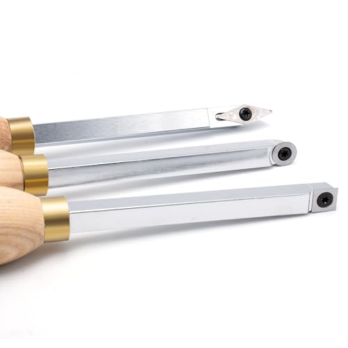 12-1/2 inch Wood Lathe Turning Tools Set 3 pcs, 12.5" Finisher Carbide Tipped Lathe Chisel Tool Bar, with Wooden Handles and Square Round Diamond Carbide Inserts