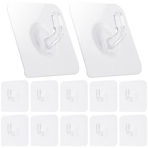 COMNICO 12 Pack Adhesive Hooks Clear Plastic Waterproof Heavy Duty Sticky Wall Ceiling Door Window Pothook Home Kitchen Bathroom Shower Office for Hanging Hat Towel Picture Coats (12)