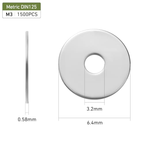 1500PCS M3 Flat Washers, 304 Stainless Steel 18-8, 3.2mm ID x 6.4mm OD Hardware Washers for Screws Bolts - color: Silver, size: Metric M3