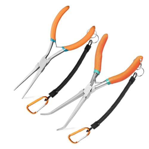 2 PCS Extra Long Bent & Straight Needle Nose Pliers Set for Jewelry Making & Fishing Hook Removal with Serrated Jaw & Lanyard - style: Extra Long Nose & Bent Nose