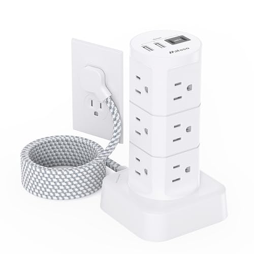 Power Strips with Surge Protection, Flat Plug Power Strip Tower - color: White, size: 6 FT