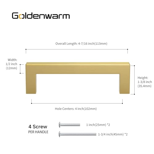 Goldenwarm 10 Pack 4 Inch Gold Cabinet Handles Brushed Gold Cabinet Pulls - color: Gold, size: 4in Hole Centers