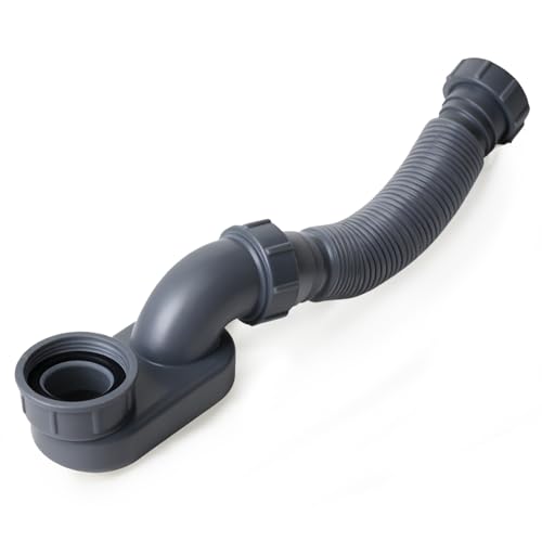 Low Profile 1 1/2" P Trap Flexible Bathtub & Shower Drain Pipe, Flat P Trap Kit for Freestanding Tub, Space Saving Bath Drain Assembly, Easy Install Durable Plumbing Replacement - style: Both ends have threads - black