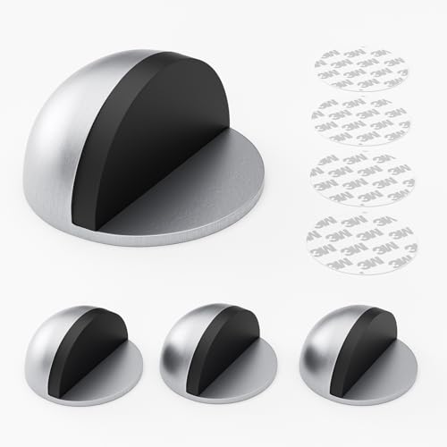 Stainless Steel Half Dome Floor Door Stop Self-Adhesive with Rubber Free Punching—Ground Door Stops for Bedroom Living Bath Shower Room Office Silver—Stainless Steel Floor Door Stopper（4PCS）