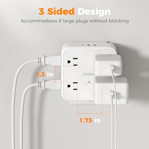 TESSAN Wall Surge Protector Outlet Extender with 8 Outlets Wall Charger - color: White, size: 2 USB-A+1 USB-C