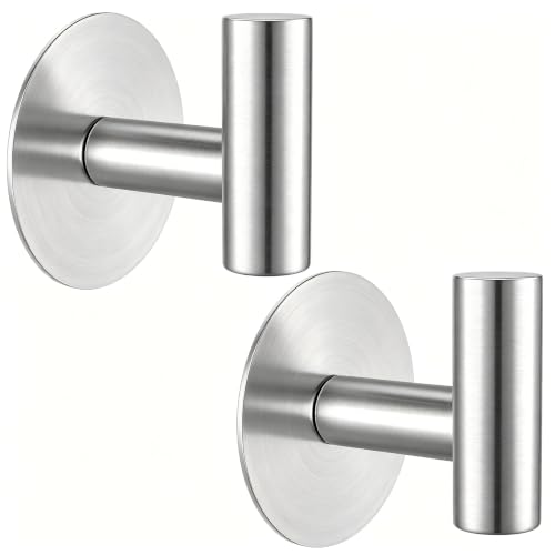 Heavy Duty Self-Adhesive Coat Hooks, Stainless Steel Towel Hooks for Bags, Towels, Robes, Hats, Aprons – No Drill Bathroom, Kitchen, Hotel Wall Hooks (2 Pack, Silver) - color: Silvery, size: Adhesive "T" Shape- 2 Pack