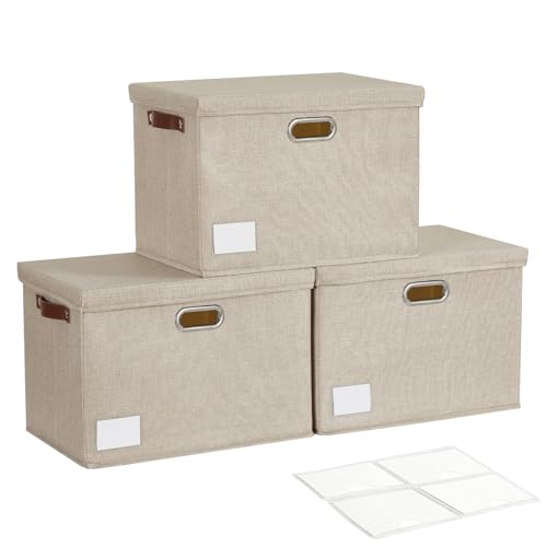 17" Large Fabric Storage Box with Lids, 3-Pack, Khaki - color: khaki, size: Large-17"