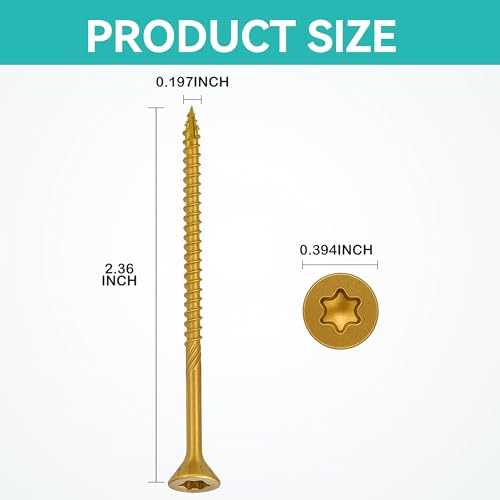 Wood Screws Yellow #10 × 2-1/4 inch Torx Star Drive Deck Screws Flat Head M5 × 60 Countersunk T25 Self Tapping Thread Cut 50pcs Carbon Steel Galvanized (50PCS/Small Box Yellow) - color: Yellow, size: #10×2-1/4