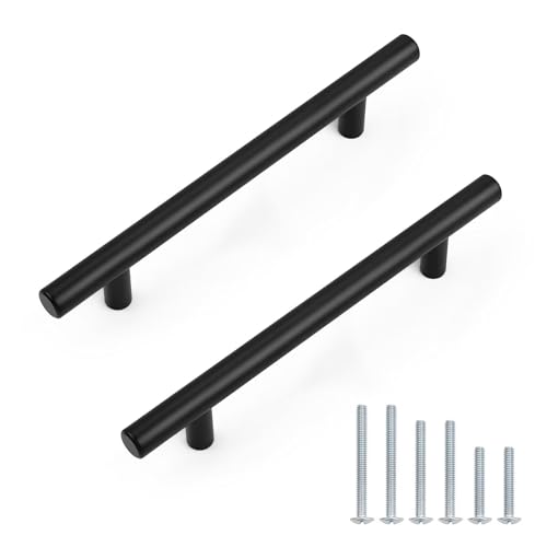 Probrico 30 Pack Holes Centers(128mm) 5Inch Flat Black Cabinet Pulls, Stainless Steel Dresser Drawer Handles, Euro T Bar 7.5inch Length Pull Handle for Kitchen Cabinets - size: Center to Center: 5 inch
