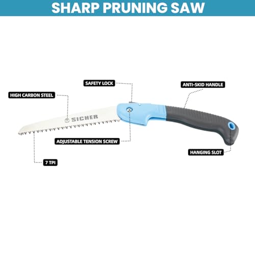 SICHER 6 Inch Folding Pruning Saw – High Carbon Steel Blade with Secure Lock, Anti-Slip Handle for Comfortable Grip, Portable Hand Saw for Garden, Tree Trimming, Camping & Outdoor Use
