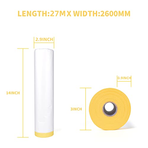 TAPEBEAR Pre-Taped Masking Film, Tape and Drape 9feet x 90feet 3Rolls - size: 2600mm x 27m