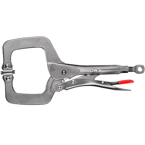 ARROW 11 Inch C-Clamp Locking Pliers with Swivel Pads, Through-Hole Adjustment, One-Handed Release Trigger, Heat-Treated Steel Welding Clamp for Woodworking and Metalworking - size: 11 inch