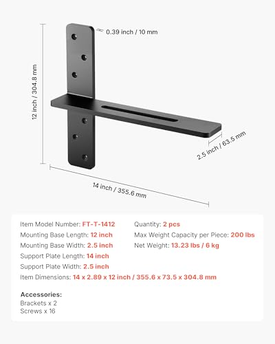 VEVOR T Shelf Brackets, 200 lbs Capacity, 2 Pcs, 14 inch Solid Steel Heavy Duty with Screws for Floating Shelves, Countertop Support Hardware - size: 14x2.89x12 in