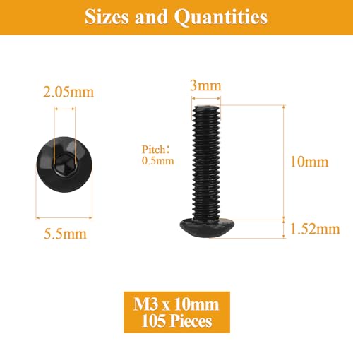 105 Pieces M3 x 10mm Button Head Socket Cap Screws, Thread Pitch 0.5mm, Sutemribor M3 Black Screws, 10.9 Grade Alloy Steel, Black Oxide Finish, Fully Threaded - size: M3 x 10mm, style: Button Head