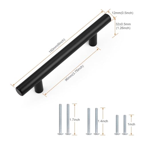 Probrico 30 Pack Hole Centers 3-3/4inch Matte Black Kitchen Cabinet Handles, Stainless Steel Dresser Drawer Pulls, Modern T Bar 6inch Length Pull Handle for Closet - size: Center to Center: 3-3/4 inch