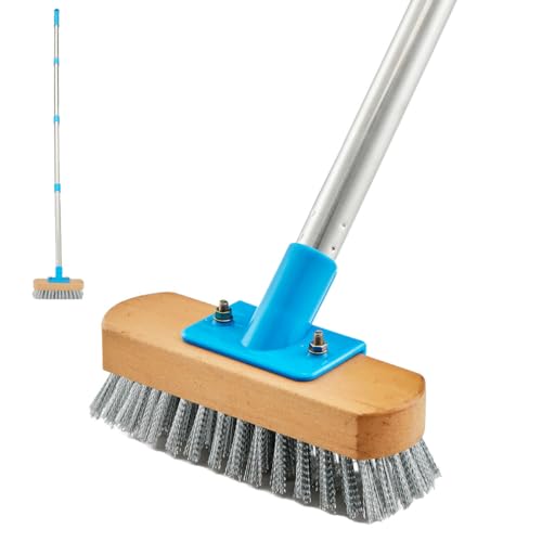 YONILL Stainless Steel Deck Scrub Brush with 60" Long Handle for Concrete - color: Blue