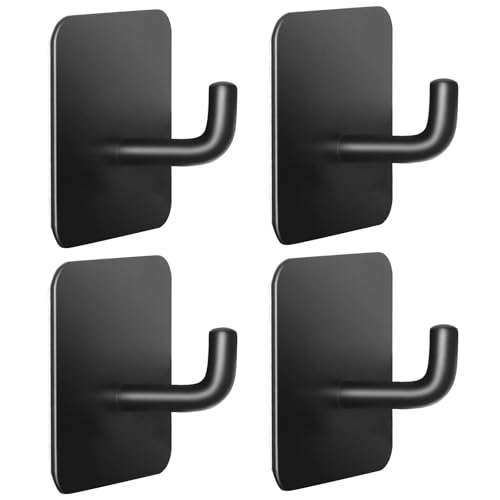 Adhesive Hooks for Bathrooms, 4 Piece Towel Hooks for Hanging Hat Robe Coat, Stick on Hooks for Kitchens, Strong Self-Adhesive No Damage Waterproof Stainless Steel Sticky Hook (Black) - color: Square-A-Black