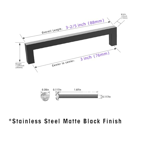Matte Black 3 Inch Cabinet Handles, 30 Pack Cabinet Pulls - size: 3inch(76mm) Hole Center