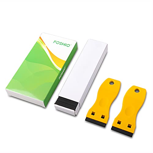 FOSHIO 2PCS Plastic Razor Blade Scraper Tool and 100PCS Plastic Blades for Gasket Remover, Sticker Remover, Labels Decal and Adhesive Remover for Windows and Glass (Yellow) - color: Yellow/Black