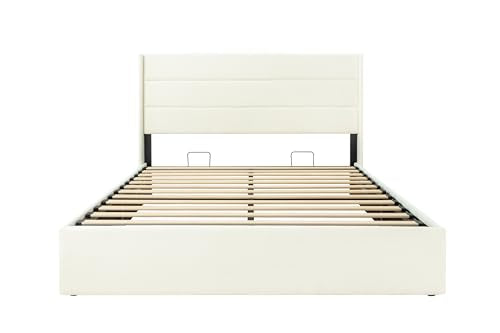 Allewie Queen Size Chenille Lift Up Hydraulic Storage Bed Frame Cream White - color: Cream White, size: Queen, style: Modern