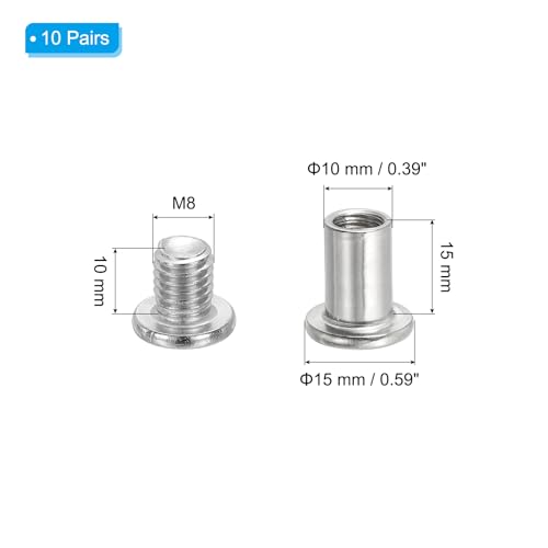 PATIKIL Hex Chicago Screws, 10 Set Binding Screw Posts M8 x 15 mm Connecting Hex Drive Socket Cap Bolt Nuts for Scrapbook Leather Belt Album Photo Furniture Repair, Silver - size: M8 x 15
