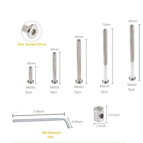 Baby Bed Frame Bolts, Crib Screws Hardware ReplacementKit M6x40/50/60/70/80mm Hex Drive Socket Cap Screws Barrel Nuts Wooden Dowel Kit for Beds Chairs Furniture et (25Set) - size: 25Set