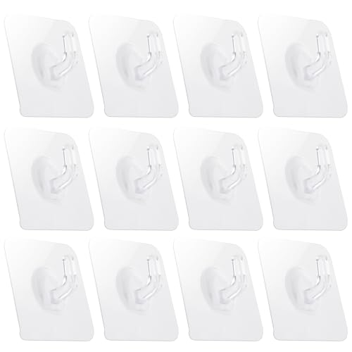 COMNICO 12 Pack Adhesive Hooks Clear Plastic Waterproof Heavy Duty Sticky Wall Ceiling Door Window Pothook Home Kitchen Bathroom Shower Office for Hanging Hat Towel Picture Coats (12)