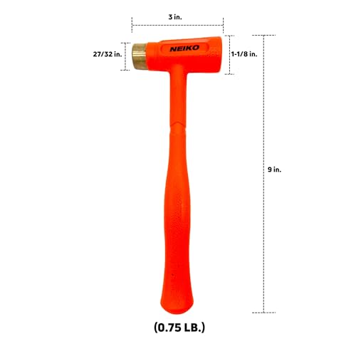 NEIKO 02870A Dead Blow Hammer With Brass Cap, 0.75 Pounds, Neon Orange Deadblow Hammers, Mallet, Spark and Rebound Resistant, Unibody Molded, Soft Blow Rubber, Non Slip Grip, Steel Shot and Core - size: 0.75 Pound, style: Brass Cap Dead Blow