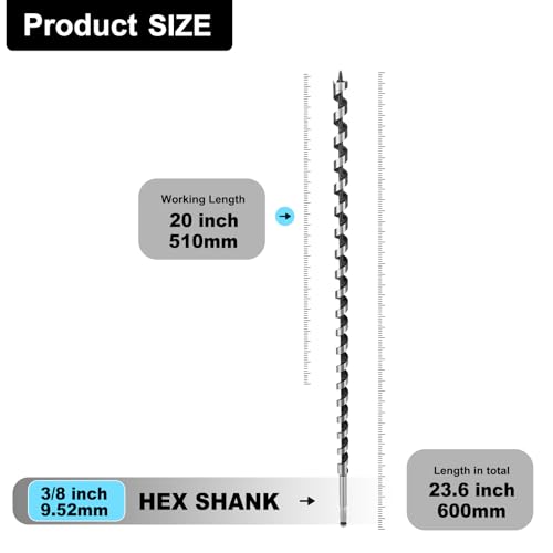 15/32" X 18" Auger Bit for Wood, 12x460mm Hex Long Auger Drill Bit - size: 15/32" (12mm)diameter, style: 18 inch / 460mm Length