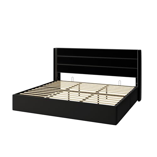 Allewie King Size Lift Up Hydraulic Storage Bed Frame Black - color: Black, size: King, style: Modern
