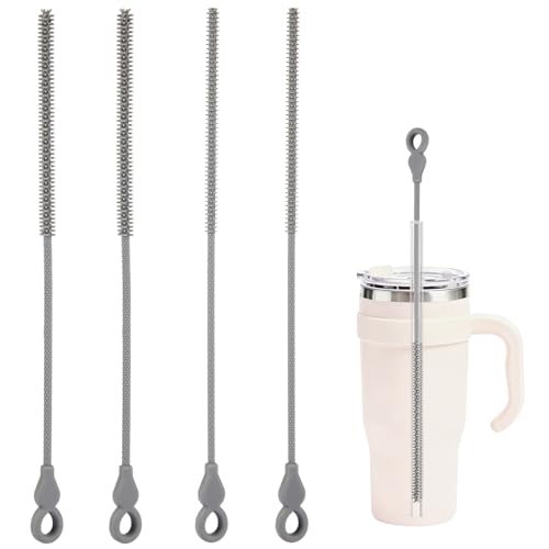 Silicone Straw Cleaner Brush, 4Pcs Reusable Straw Brush Set with Extra-Long Design for Cleaning Thin Metal Straws and Wider Milkshake Straws （6mm+9mm Gray) - color: Gray