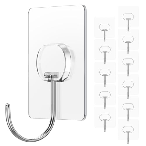 Adhesive Wall Hooks No Drill Large Clear Heavy Duty,13LB Sticky 12 Pack - color: Clear, size: Large 12 Pcs
