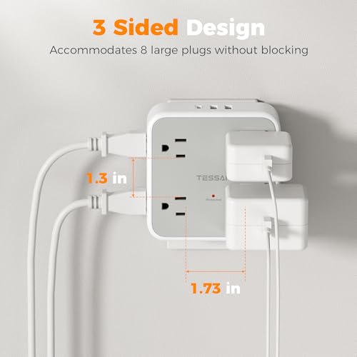 TESSAN Wall Surge Protector Outlet Extender with 8 Outlets Wall Charger - color: Grey, size: 2 USB-A+1 USB-C