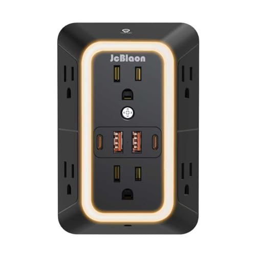 Wall Outlet Extender with Night Light, Power Plug Adapter 6 Outlet Extender with 4 USB Charging Ports（2 USB C）,1050J Power Strip Multi Plug Adapter Spaced for Home Office Travel-Black-ETL - color: Black-1Pcs