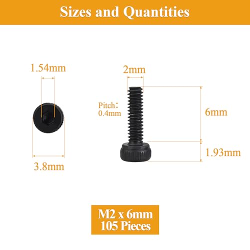 105 Pieces M2 x 6mm Socket Head Cap Screws, Thread Pitch 0.4mm, Sutemribor M2 Black Screws, 12.9 Grade Alloy Steel, Black Oxide Finish, Fully Threaded - size: M2 x 6mm, style: Socket Head