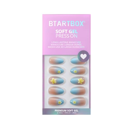 BTArtbox Press On Nails, Garden Party, Short Almond, Blue 3D Flower, 32Ct - color: A1-Garden Party