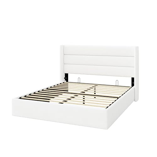 Allewie Full Size Lift Up Hydraulic Storage Bed Frame White - color: White, size: Full, style: Modern