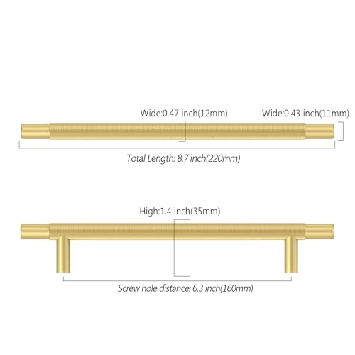 Asidrama 10 Pack 6.3 Inch(160mm) Brushed Gold Knurled Kitchen Cabinet Handles, Cabinet Pulls Kitchen Cabinet Hardware for Cupboard Drawer Pulls - color: Brushed Gold, size: 6.3" Hole Center