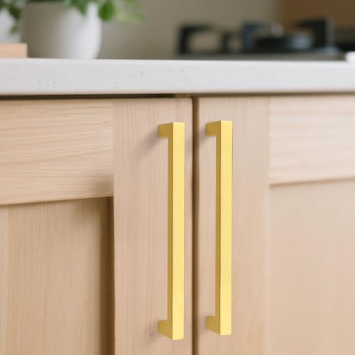 KNOBWELL 6Pack 7-9/16 Inch Brushed Gold Cabinet Pulls Stainless Steel Kitchen Cabinet Handles Square Drawer Pulls Modern Cabinet Hardware Handles，192mm Hole Centers - color: Brushed Gold, size: Hole Center:7-9/16 inch(192mm)