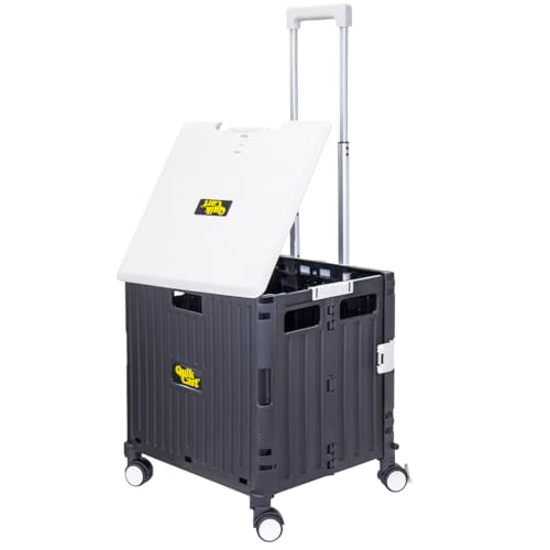 dbest Products Quik Cart Swing Lid Four Swivel Wheeled Rolling Crate Teacher Utility with seat Heavy Duty Collapsible Basket with Dual Telescopic Wagon Handle - color: Black, style: Swing Lid