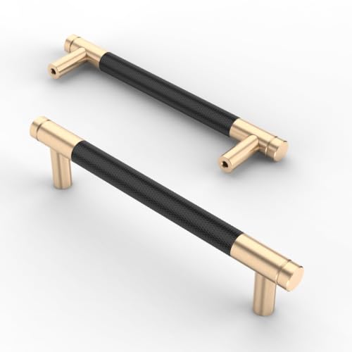 Asidrama 2 Pack 5 Inch(128mm) Matte Black and Champagne Bronze Cabinet Pulls Knurled Cabinet Handles Cupboard Handles Kitchen Cabinet Hardware for Cupboard Drawer Pulls - color: Black-Gold, size: 5" Hole Center, style: 2 Pack