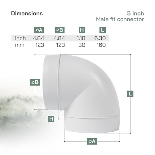 Vent Systems 5" inch Elbow 90 degree Duct Pipe Connector Flexible Round Tube Ventilation Hose ABS Plastic 125 mm - size: 5''