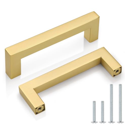 Probrico Gold Cabinet Handles 3-3/4 Inch(96mm) Hole Centers Drawer Pulls Stainless Steel Kitchen Cabinet Handles Golden Square Drawer Handles Modern Cabinet Hardware 10 Pack - color: Gold, size: hole center 3-3/4"