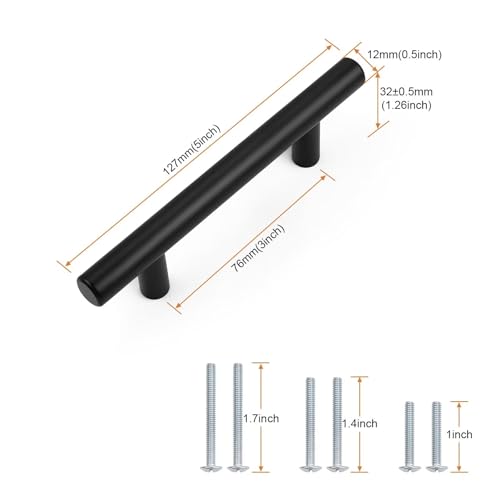 Probrico 30 Pack Hole Centers 3inch Stainless Steel Kitchen Cabinet Handles,Flat Black Dresser Drawer Pulls, 5inch Length Euro T Bar Pull Handle for Home Furnitures - size: Center to Center: 3 inch