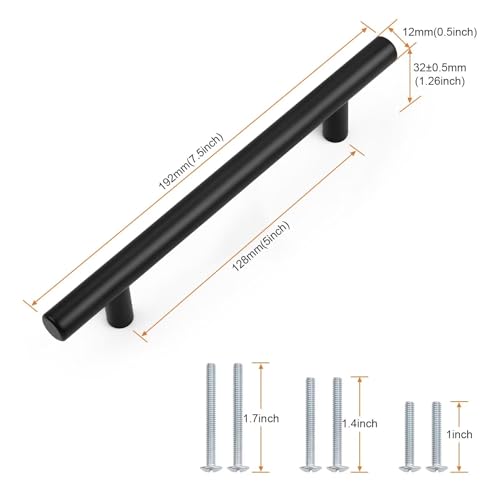 Probrico 30 Pack Holes Centers(128mm) 5Inch Flat Black Cabinet Pulls, Stainless Steel Dresser Drawer Handles, Euro T Bar 7.5inch Length Pull Handle for Kitchen Cabinets - size: Center to Center: 5 inch