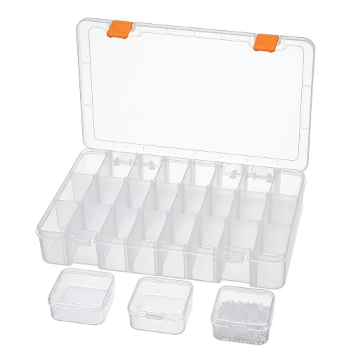 24 Grids Bead Organizer with Adjustable Dividers, 1.14"x1.85" Each Grid, Plus 3 Mini Storage Box for Jewelry, Fishing Hooks, Arts & Crafts, Office Supplies - color: Clear-L