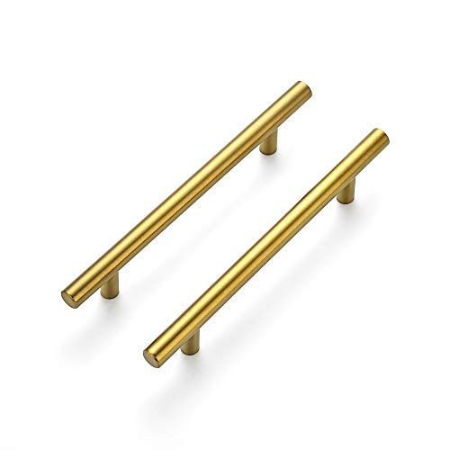 Ravinte Cabinet Pulls,7.38" Length, 5" Hole Center,Brushed Brass,30 Pack | Round T-Bar Shape, Kitchen Drawer Pulls, Stainless Steel Feel, Cabinet Handles, For Cupboards, Drawers, Dressers, Cabinets - color: Brushed Brass