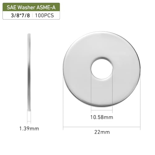 100PCS 3/8" x 7/8" Flat Washers, 304 Stainless Steel 18-8, 3/8" ID x 7/8" OD Hardware Washers for Screws Bolts - color: Silver, size: SAE 3/8