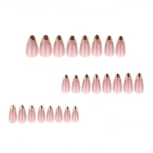 French Almond Press On Nalis Medium, Nude Fake Nails with Elegant Gold-Edged French Tip Design, Glossy Gel Finish Acrylic Nails, Reusable Glue On Nails for Women, Natural Stick On Nails Kit - color: 73-Gilded French