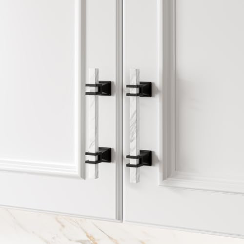 Haliwu 10 Pack 4 Inch White Marble Cabinet Pulls Zinc Black Kitchen Handles - color: White Marble & Black, size: Hole Center Spacing：102mm (4 inch)